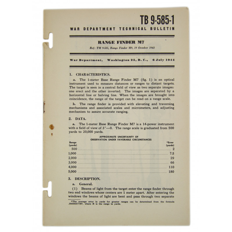 Technical Bulletin TB 9-585-1, Range Finder M7, 1944 Technical Bulletin TB 9-585-1, Range Finder M7, 1944