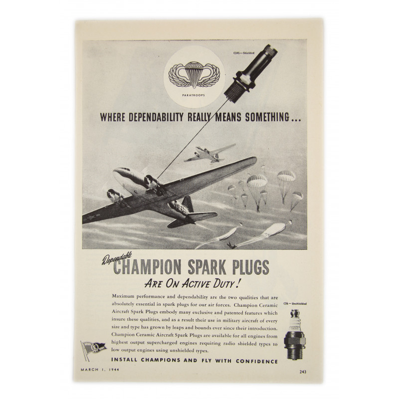 Ad, Champions, Spark plugs, 1944, Airborne Ad, Champions, Spark plugs, 1944, Airborne