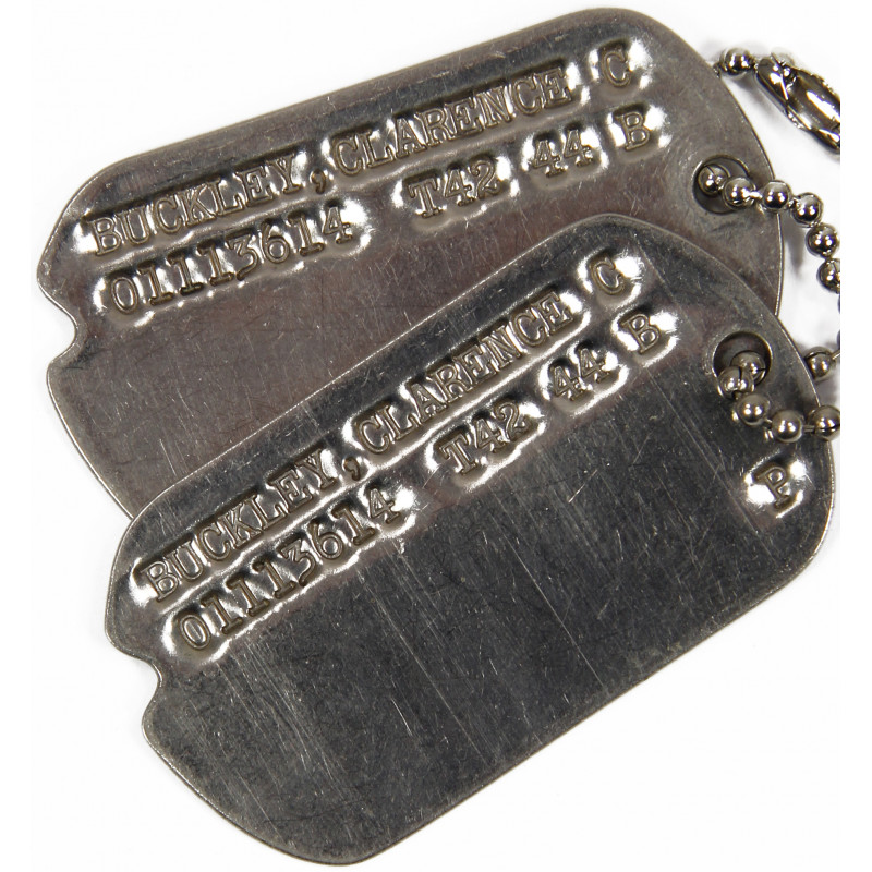 Plaques d'identité, Dog Tags, 1er type, Monel, Clarence C. Buckley, 1943 Plaques d'identité, Dog Tags, 1er type, Monel, Clarence C. Buckley, 1943