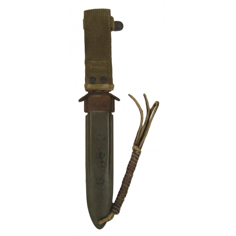 Scabbard, Bakelite, USM8, 1st type, light OD3 canvas, with lanyard and laundry number Scabbard, Bakelite, USM8, 1st type, light OD3 canvas, with lanyard and laundry number
