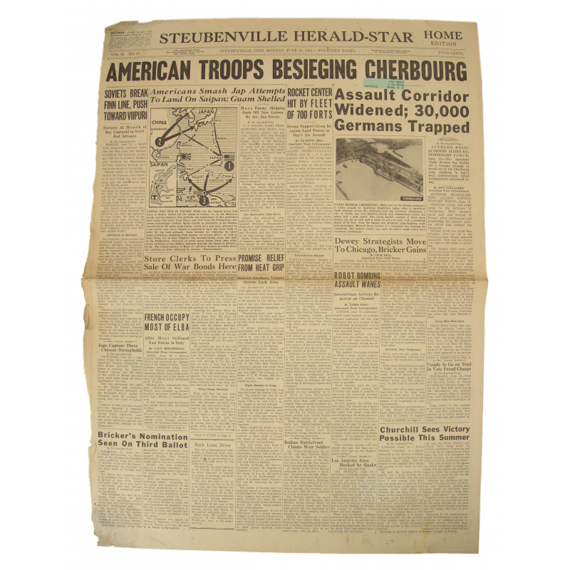 Front page, Newspaper, June 19, 1944, Cherbourg Front page, Newspaper, June 19, 1944, Cherbourg
