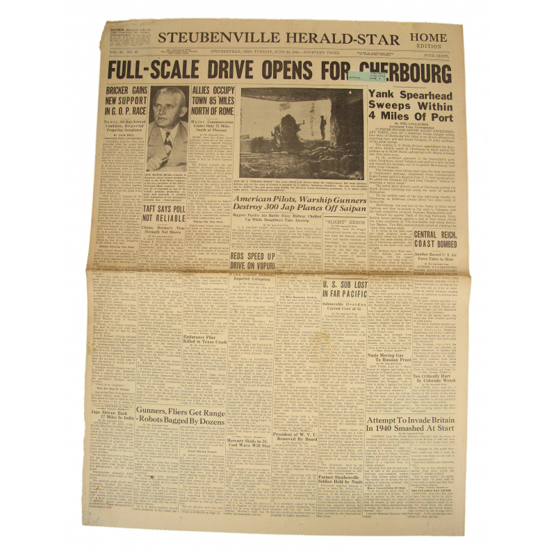 Front Page, Newspaper, June 20, 1944, Cherbourg Front Page, Newspaper, June 20, 1944, Cherbourg
