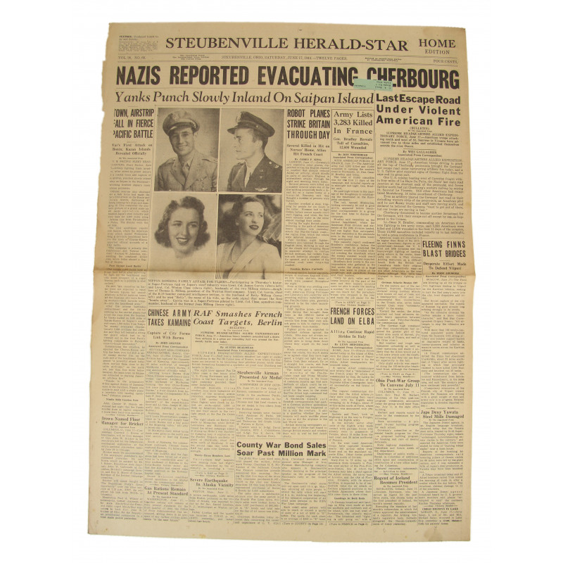 Front Page, Newspaper, June 17, 1944, Cherbourg Front Page, Newspaper, June 17, 1944, Cherbourg