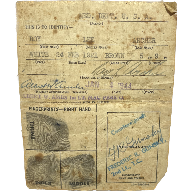 Card, Identification, Medical, 1st Type, Pvt. Roy Archer, PTO