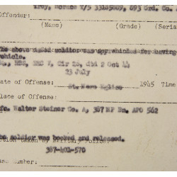 Rapport disciplinaire, T/5 Horace Frey, 893rd Ordnance Co., Sainte-Mère-Église, 1945