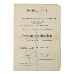 Diplôme d'attribution, insigne des blessés, Ob.Gren. Richard Grossmann, Grenadier-Regiment 218, 1943