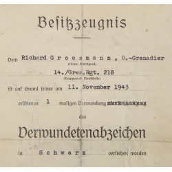 Certificate, Award, Wound Badge, Ob.Gren. Richard Grossmann, Grenadier-Regiment 218, 1943