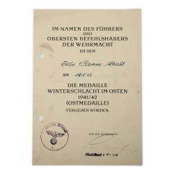 Certificate, Award, Eastern Medal, Feldwebel Rammo Albrecht, 1942
