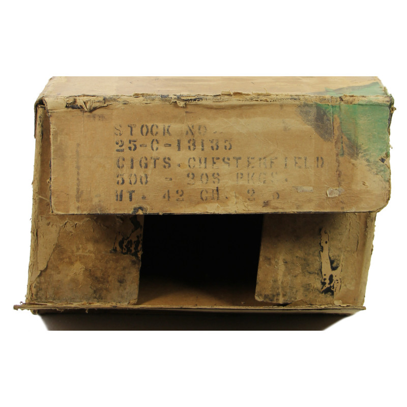 Carton de ration V1s, cigarettes Chesterfield, mars 1944, vide