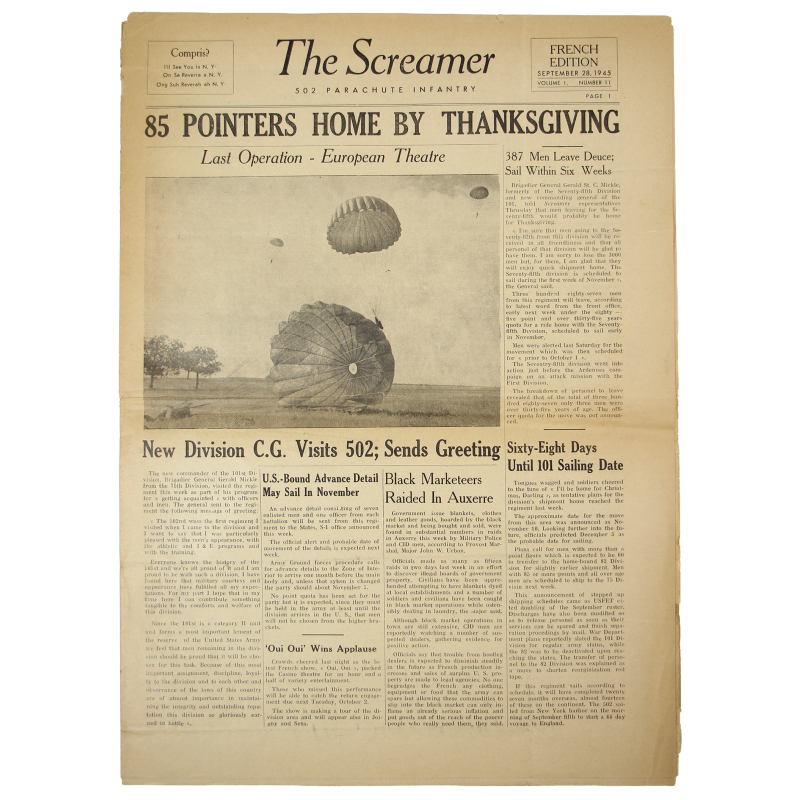 Journal, The Screamer, 502nd PIR, 101st Airborne Division, 28 septembre 1945, Volume 1, Number 11 Journal, The Screamer, 502nd PIR, 101st Airborne Division, 28 septembre 1945, Volume 1, Number 11
