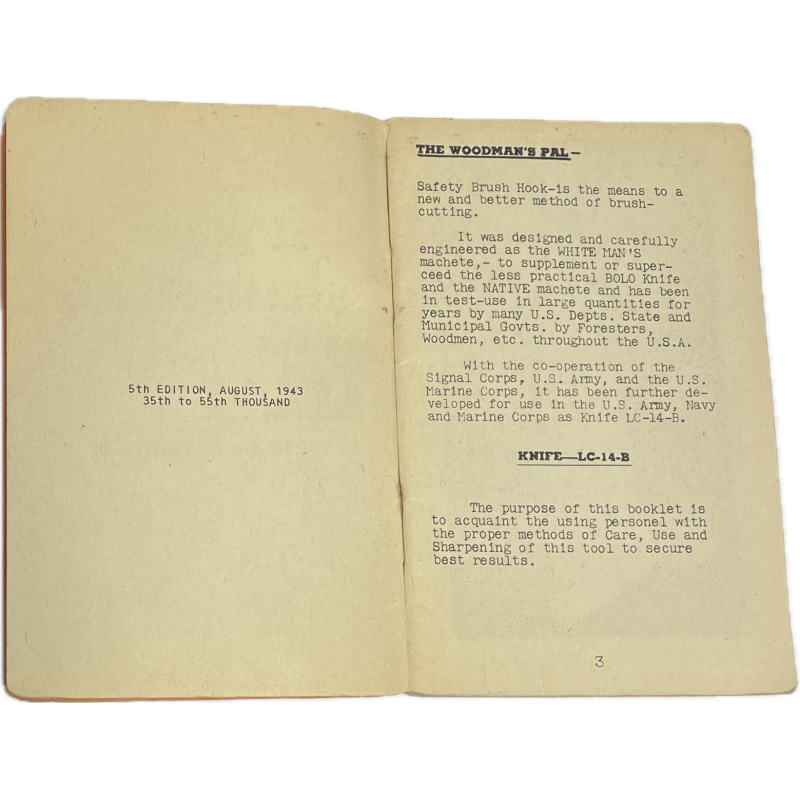 Livret, CARE, USE and SHARPENING of Knife LC-14-B (Woodman PAL), 1943