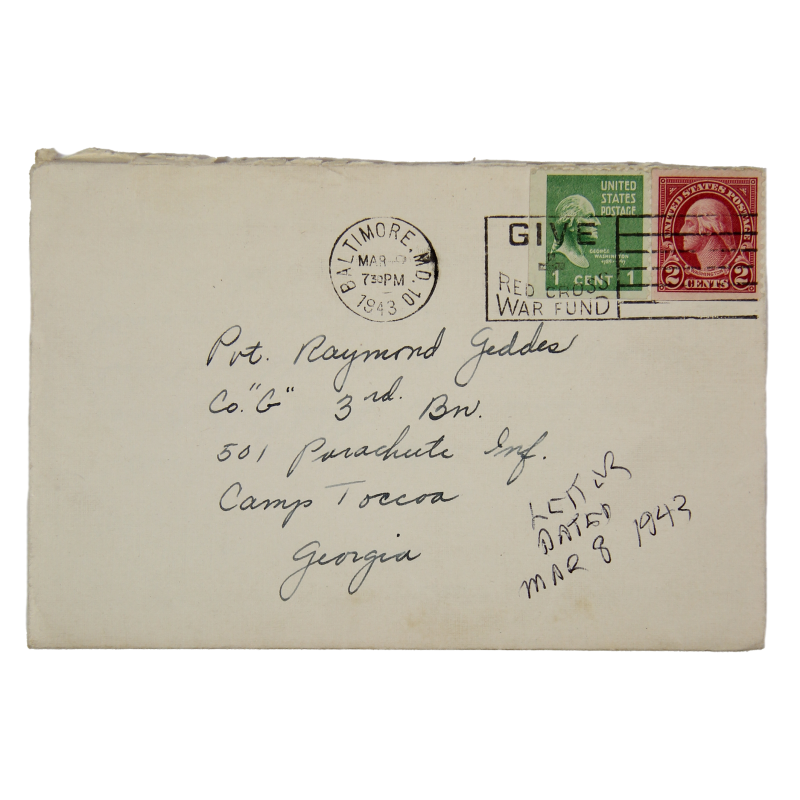 Letter, Pvt. Ray Geddes, Camp Toccoa, 501st PIR, 1943