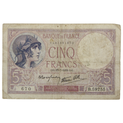 Billet, 5 francs français, 1939