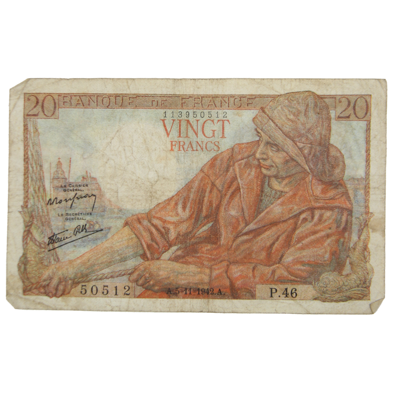 Banknote, 20 French Francs, 1942