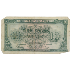Banknote, 10 Belgian Francs, 1943