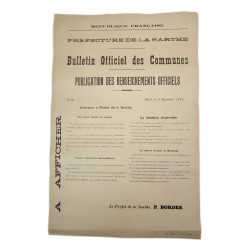Affiche, Publication des Renseignements Officiels, Préfecture de la Sarthe, 8 septembre 1914