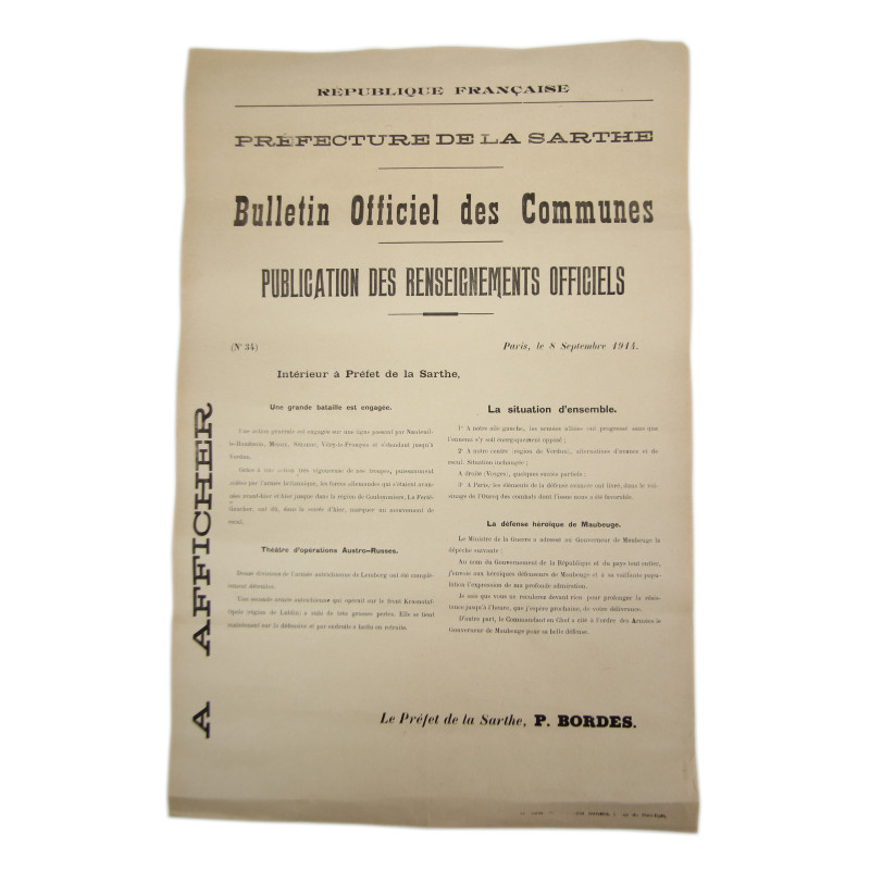 Affiche, Publication des Renseignements Officiels, Préfecture de la Sarthe, n° 34, 8 septembre 1914