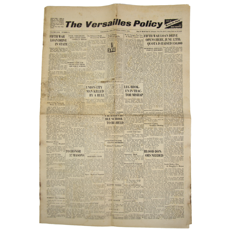Journal, The Versailles Policy, 8 juin 1944, "Fifth War Loan Drive in State"