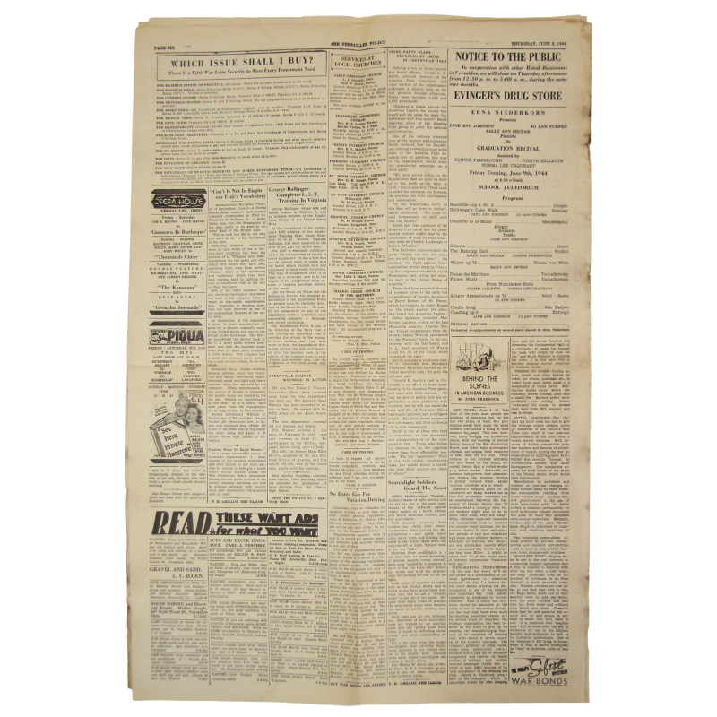 Newspaper, The Versailles Policy, June 8, 1944, 'Fifth War Loan Drive in State'