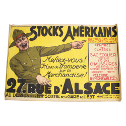 Affiche publicitaire, STOCKS AMÉRICAINS, 27 Rue d'Alsace, Paris, entre-deux-guerres