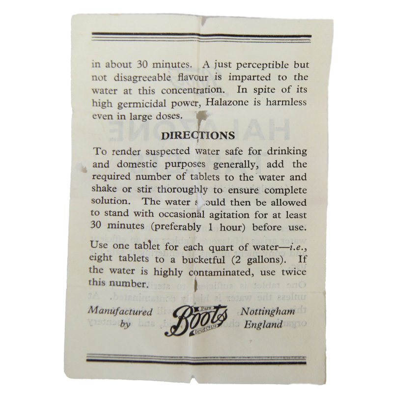 Flacon de pastilles d'halazone, Boots Pure Drug Co. Ltd.