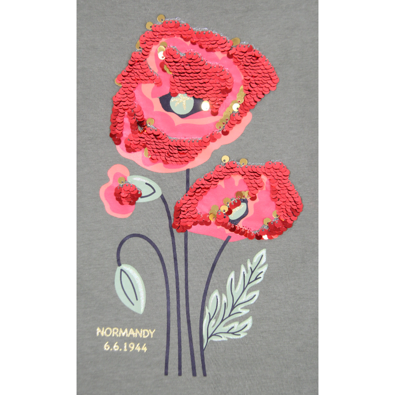 Girl's T-shirt, Sequin Poppies, Khaki