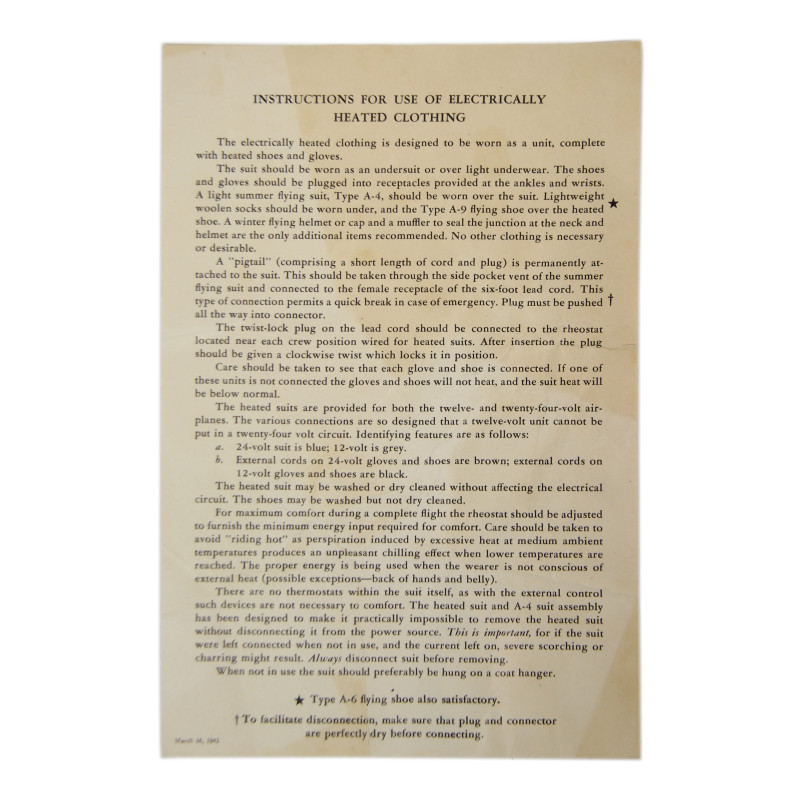 Instructions, combinaisons de vol chauffantes, USAAF, 1942
