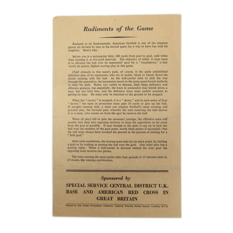 Programme, rencontre sportive, football américain, US Army vs US Navy, Londres, 1944, annoté