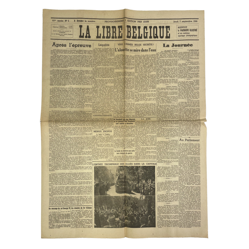 Journal belge, La Libre Belgique, 7 septembre 1944