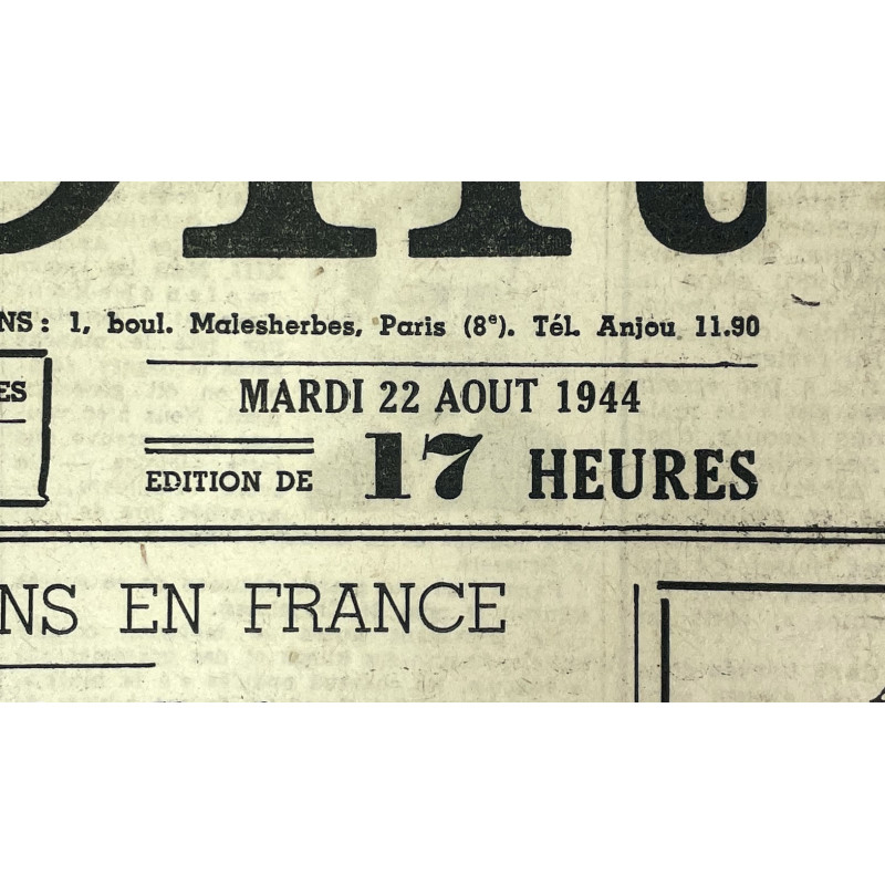 Newspaper, Belgian, Le Soir, August 22, 1944