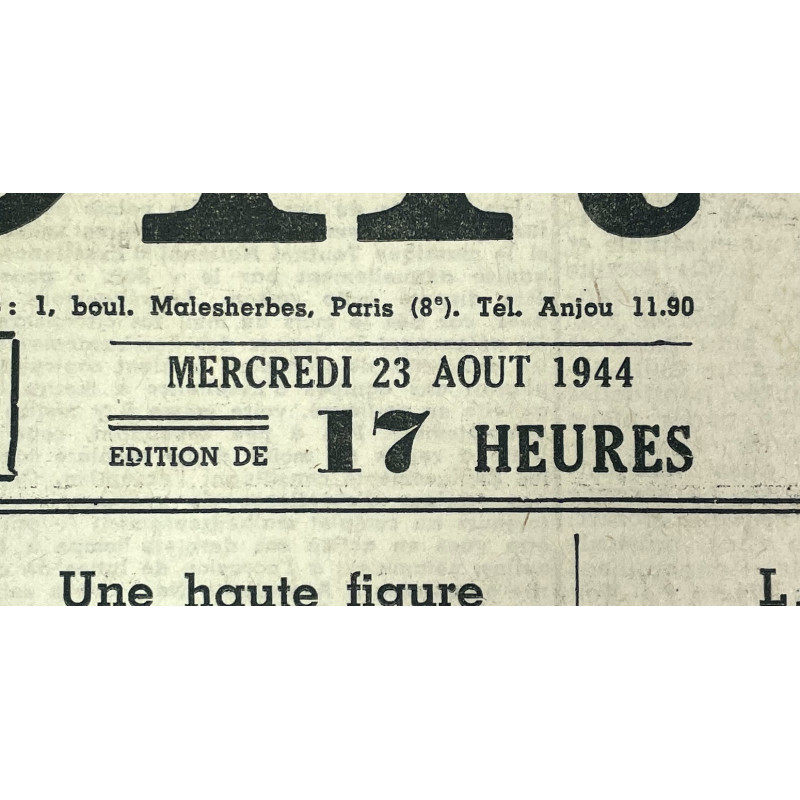 Newspaper, Belgian, Le Soir, August 23, 1944