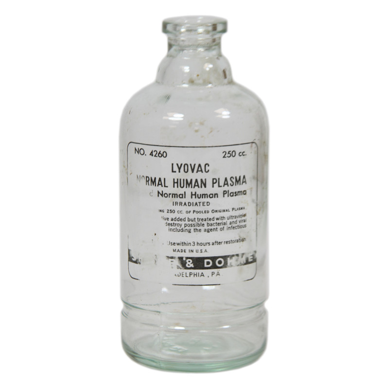 Flacon de plasma, SHARPE & DOHME, US Army Medical Corps, 250 cc