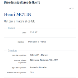 Médaille Militaire, Soldat Henri Motin, 23e Régiment territorial d'infanterie, Mort pour la France, 27 février 1915