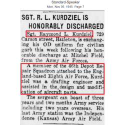 Couteau USM3 KINFOLKS, INC. (lame), poignée plexiglas, avec fourreau en cuir, Sgt. Raymond Kurdziel, 8th Air Force, USAAF, ETO