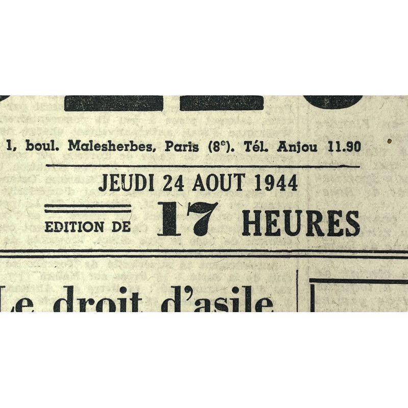 Newspaper, Belgian, Le Soir, August 24, 1944