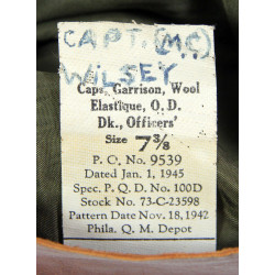 Cap, Garrison, Wool Elastique, OD, Dark, Officer's, Size 7 ⅜, Named