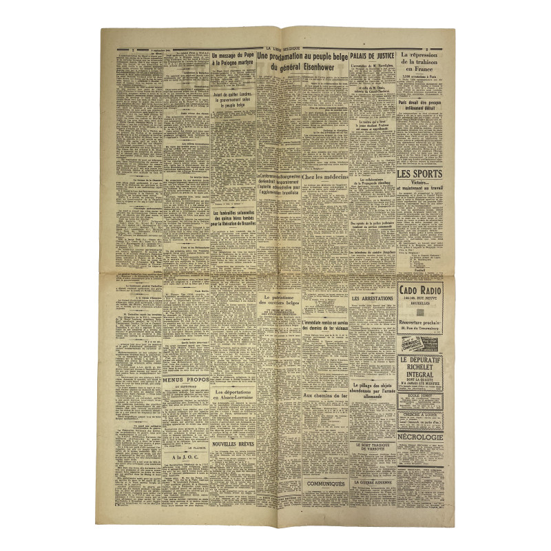 Newspaper, Belgian, La Libre Belgique, September 9, 1944