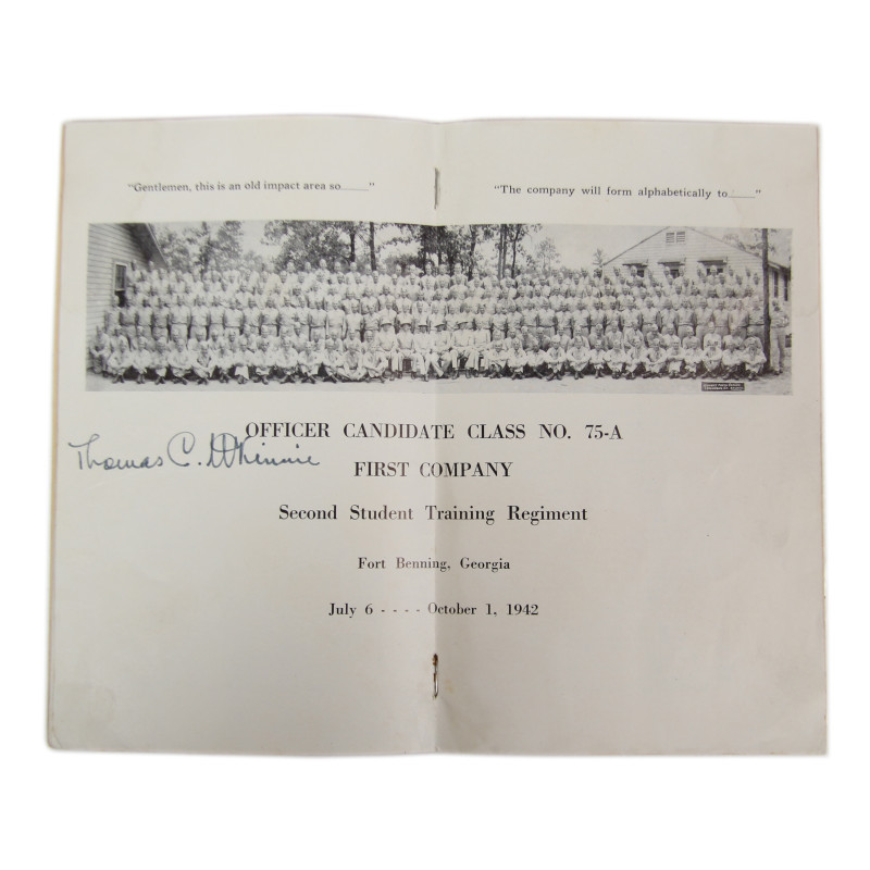 Livret, The Infantry School, Officer Candidate Class No. 75-A, First Company, Fort Benning, 1942, dédicacé