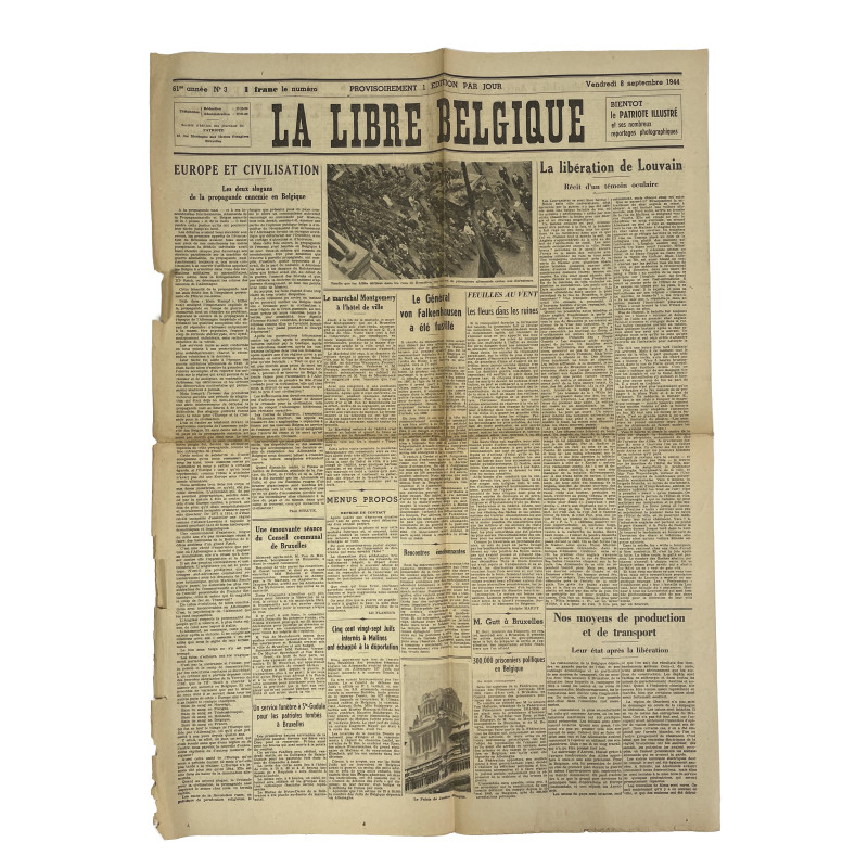 Journal belge, La Libre Belgique, 8 septembre 1944