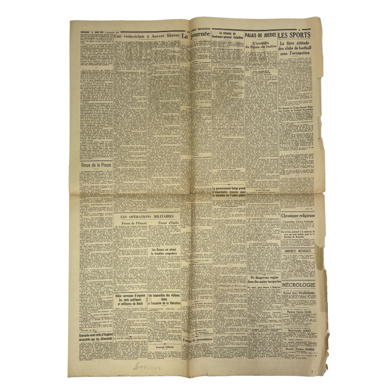 Newspaper, Belgian, La Libre Belgique, September 8, 1944