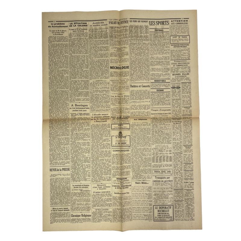 Newspaper, Belgian, La Libre Belgique, September 14, 1944