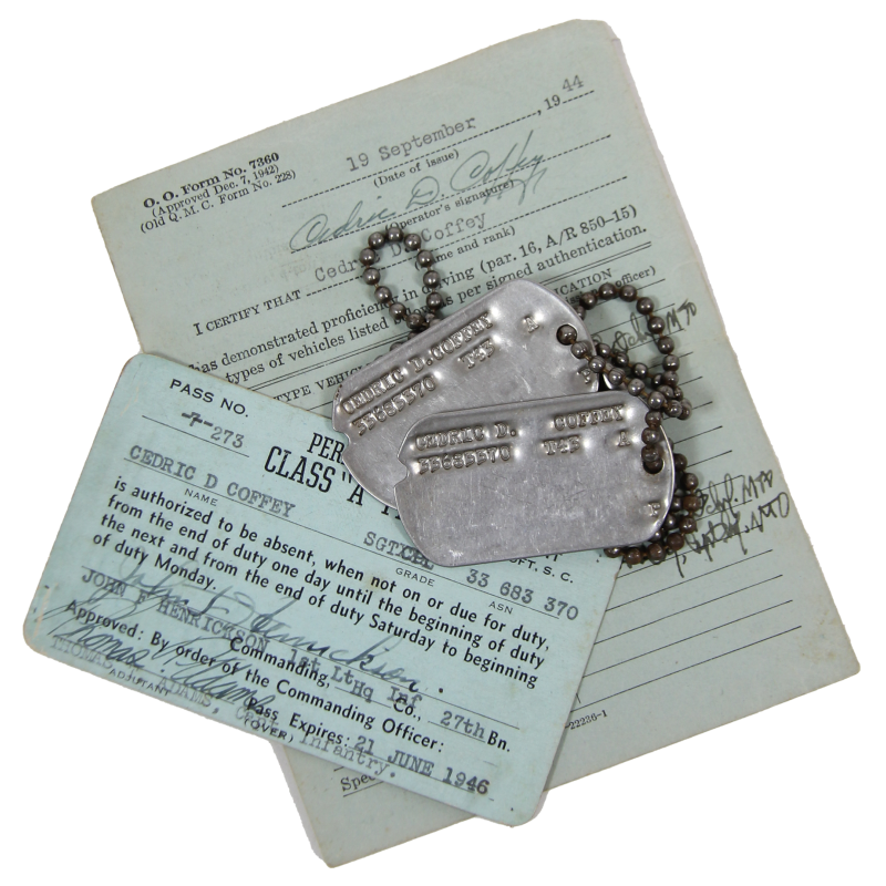 Grouping, Sgt. Cedric Coffey, Motor Vehicle Operator's Permit and Dog Tags Grouping, Sgt. Cedric Coffey, Motor Vehicle Operator's Permit and Dog Tags