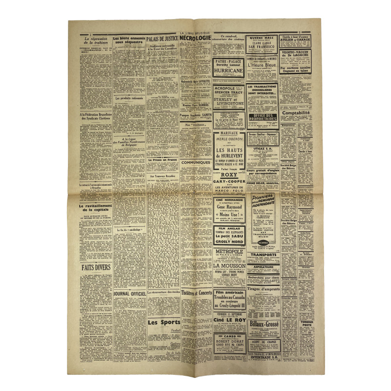 Journal belge, La Libre Belgique, 15 septembre 1944
