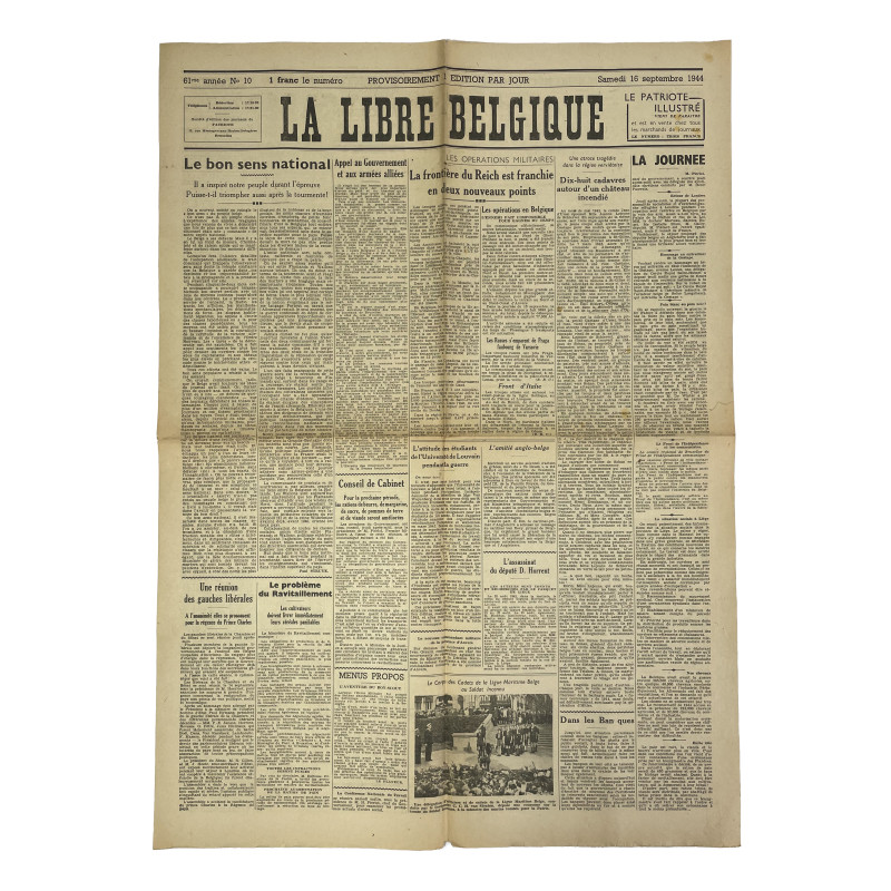 Newspaper, Belgian, La Libre Belgique, September 16, 1944