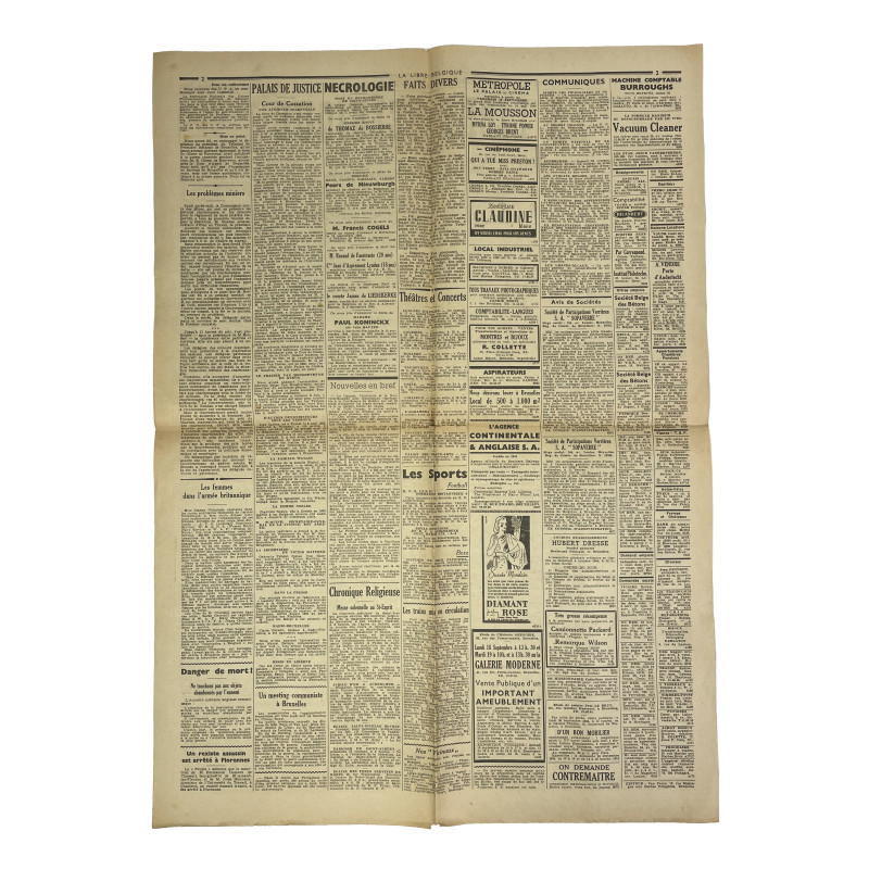Newspaper, Belgian, La Libre Belgique, September 16, 1944