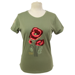 T-shirt kaki, femme, coquelicots sequins