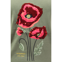 T-shirt kaki, femme, coquelicots sequins