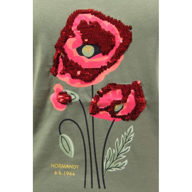 Women's khaki T-shirt, sequined poppies