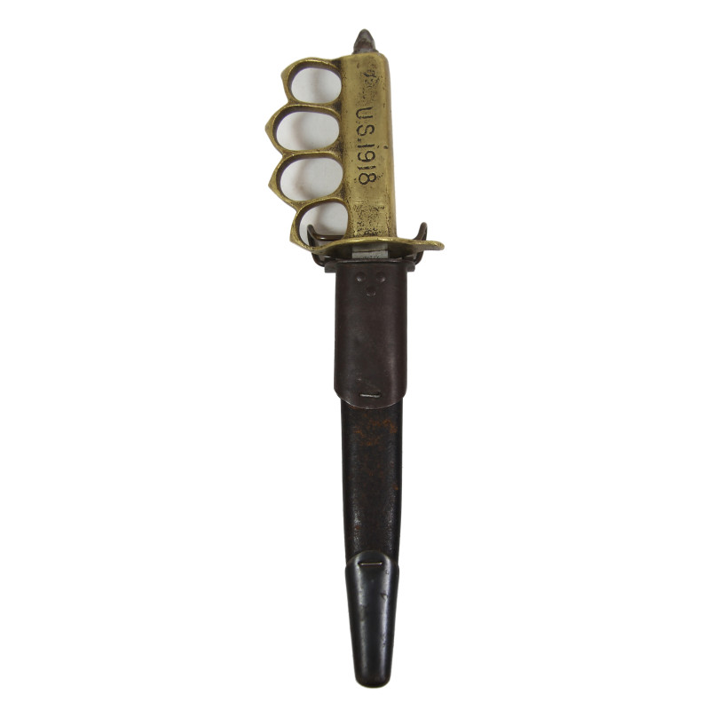 Couteau de tranchée, Knuckle Knife M-1918, Au Lion + fourreau en cuir et métal Couteau de tranchée, Knuckle Knife M-1918, Au Lion + fourreau en cuir et métal