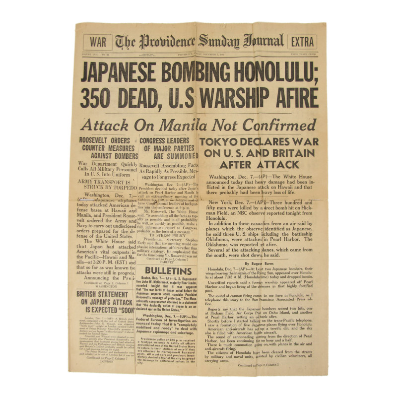 Newspaper, The Providence Sunday Journal, December 7, 1941, 'Japanese Bombing Honolulu' Newspaper, The Providence Sunday Journal, December 7, 1941, 'Japanese Bombing Honolulu'